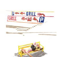 GRILLENT (aquarelle et crayons sur papier, 48 x 63 cm)