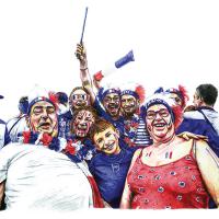 S'ÉQUIPENT (d'après une photo de Renaud Cojo, Bic sur papier, 64 x 48 cm)